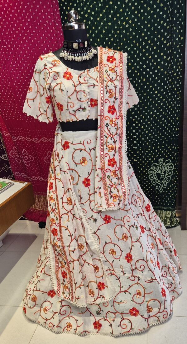 Ivory Red Floral Embroidered | Khadi Lehenga Choli Set