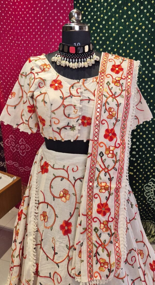 Ivory Red Floral Embroidered | Khadi Lehenga Choli Set