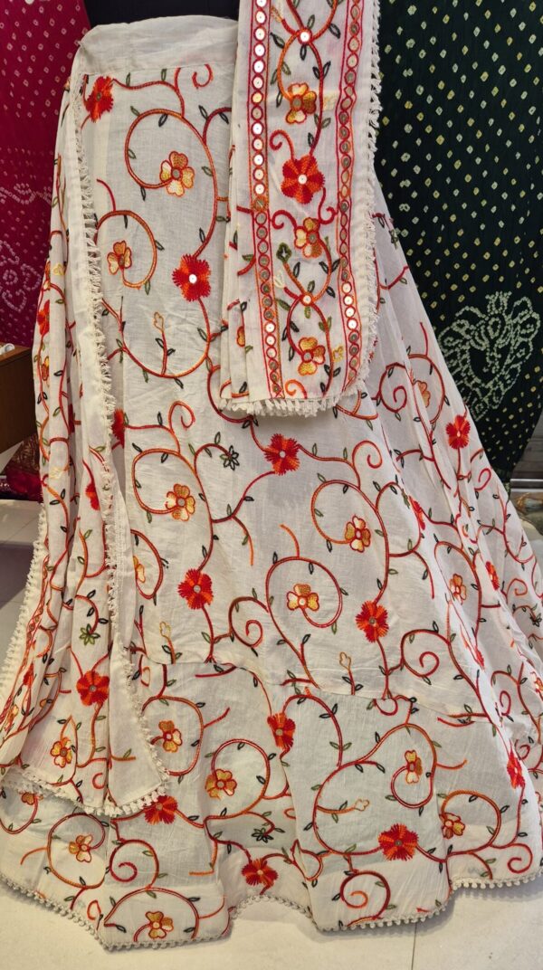 Ivory Red Floral Embroidered | Khadi Lehenga Choli Set