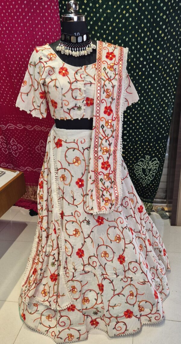 Ivory Red Floral Embroidered | Khadi Lehenga Choli Set