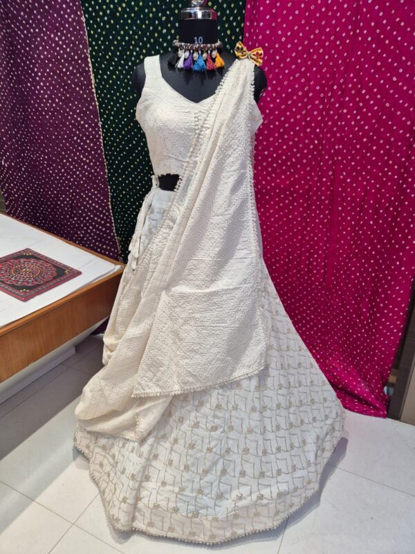 Ivory Textured Threadwork Khadi Lehenga Choli Set