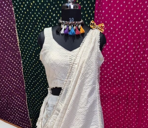 Ivory Textured Threadwork Khadi Lehenga Choli Set