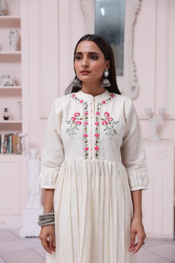 Ivory Floral Embroidered Khadi Cotton Kurti for Women – Ethnic Wear