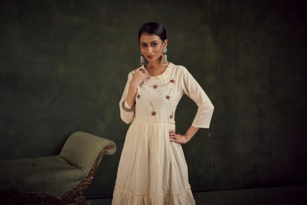 Ivory Khadi Cotton Kurti with Rose Floral Embroidery