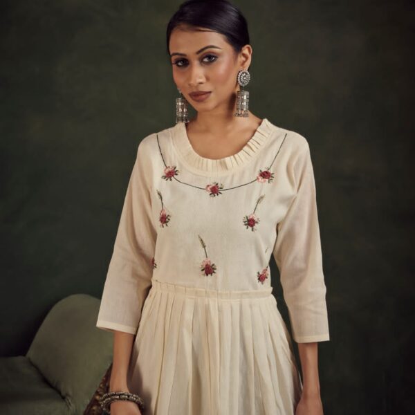 Ivory Khadi Cotton Kurti with Rose Floral Embroidery