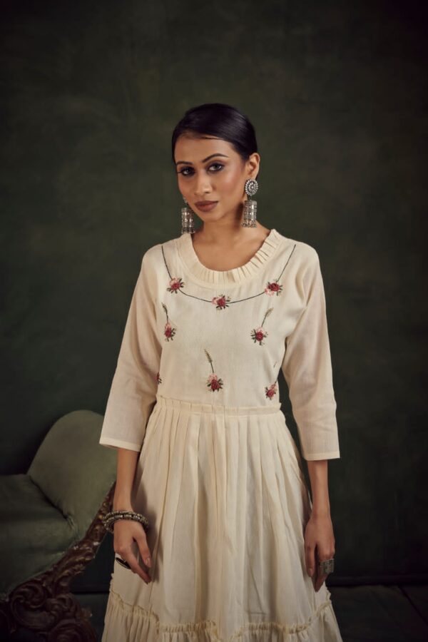 Ivory Khadi Cotton Kurti with Rose Floral Embroidery