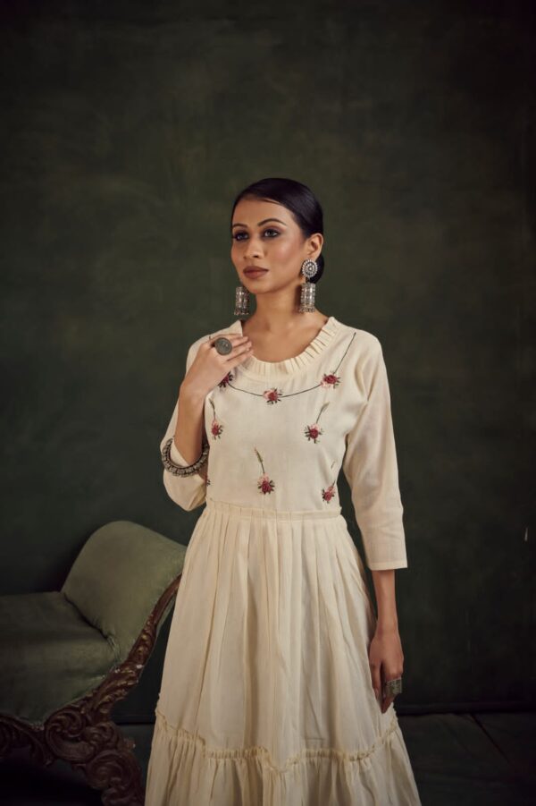 Ivory Khadi Cotton Kurti with Rose Floral Embroidery