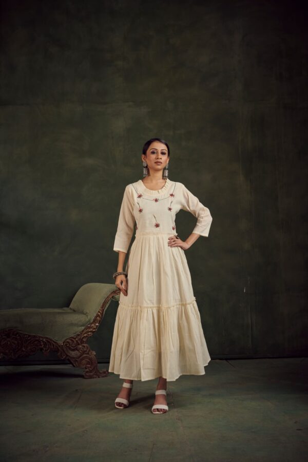 Ivory Khadi Cotton Kurti with Rose Floral Embroidery