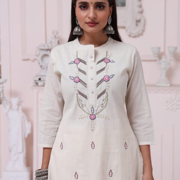 Straight Cut Kurti Embroidered In Khadi Cotton