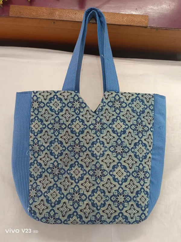Blue Floral Block Print Tote Bag for Daily Use