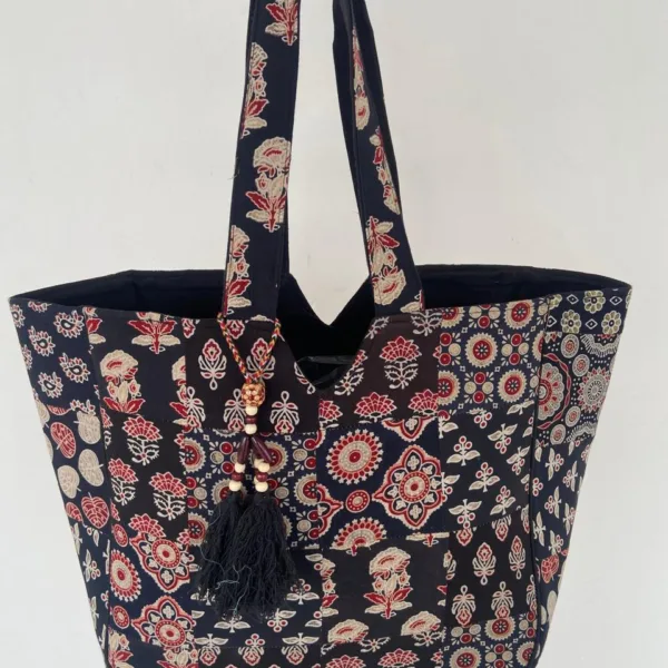 Black Hand-Block Printed Cotton Tote Bag