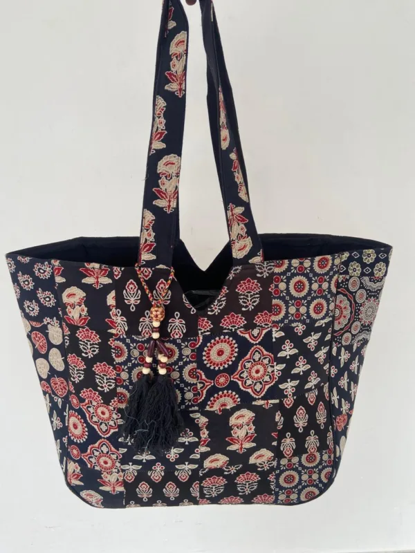 Black Hand-Block Printed Cotton Tote Bag