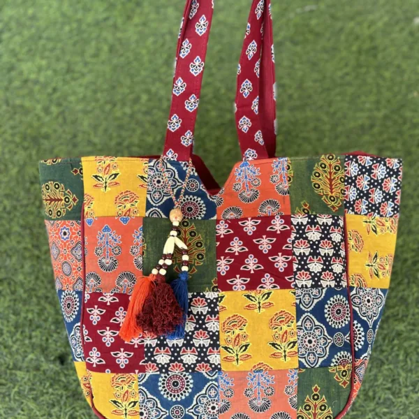 Multicolor Patchwork Cotton Tote Bag with Tassels