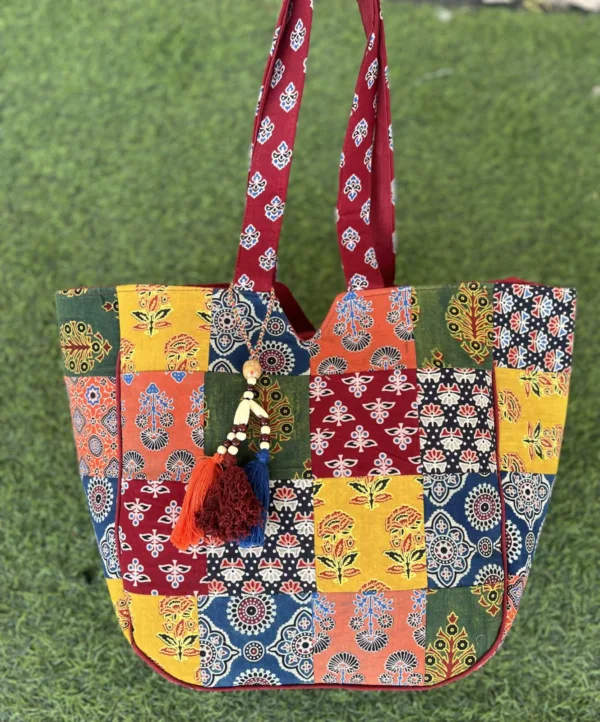 Multicolor Patchwork Cotton Tote Bag with Tassels
