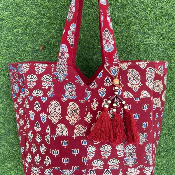 Maroon Block Print Cotton Tote Bag with Tassels