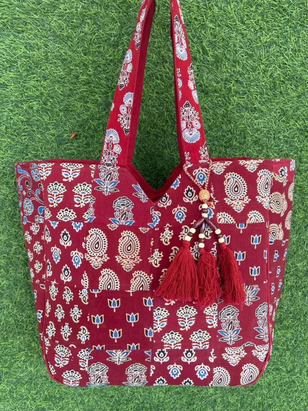 Maroon Block Print Cotton Tote Bag with Tassels