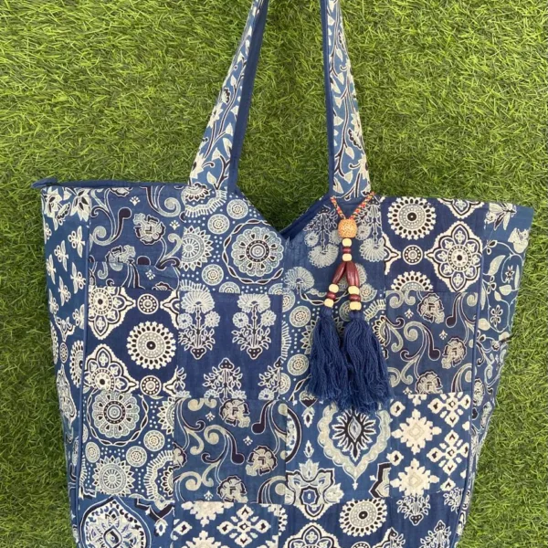 Indigo Blue Mandala Print Cotton Tote Bag with Tassels