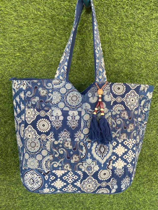 Indigo Blue Mandala Print Cotton Tote Bag with Tassels