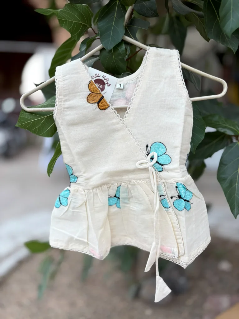 Khadi cotton for girl child in blue butterfly