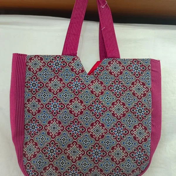 Maroon & Sky Blue Tote Bag with Pink Handles