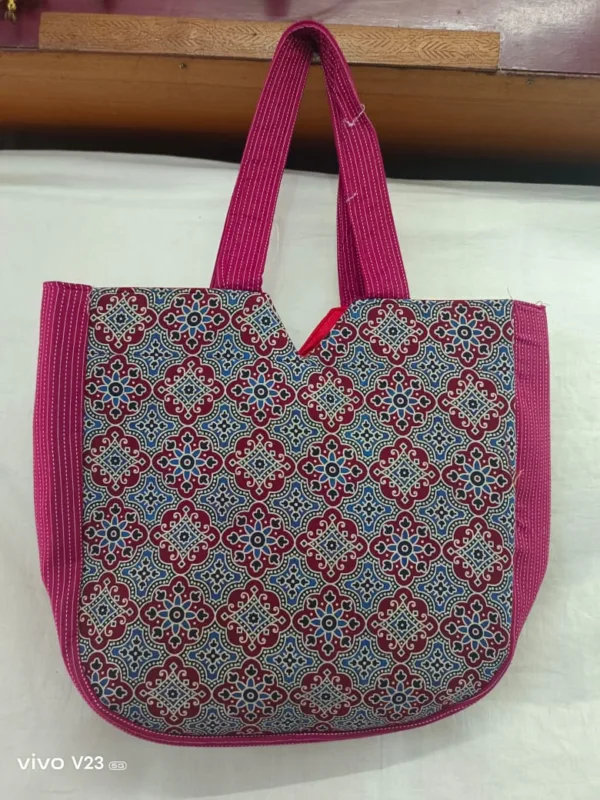 Maroon & Sky Blue Tote Bag with Pink Handles