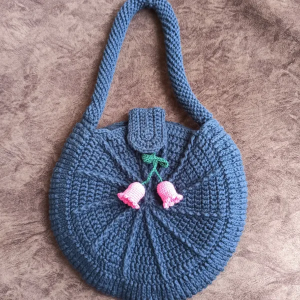 Handmade Blue Round Crochet Bag with Pink Bell Flowers – Eco-Friendly & Stylish