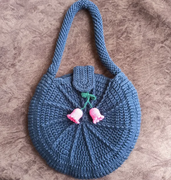 Handmade Blue Round Crochet Bag with Pink Bell Flowers – Eco-Friendly & Stylish