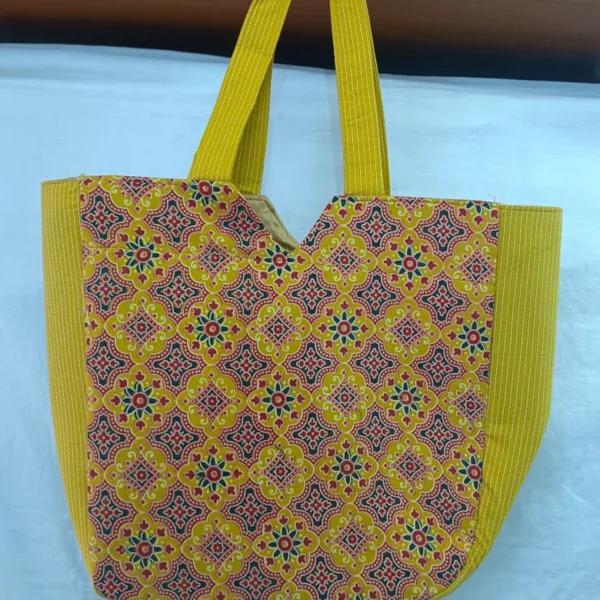 Yellow Ethnic Print Cotton Tote Bag for Women