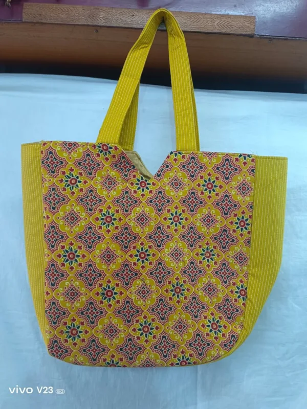Yellow Ethnic Print Cotton Tote Bag for Women